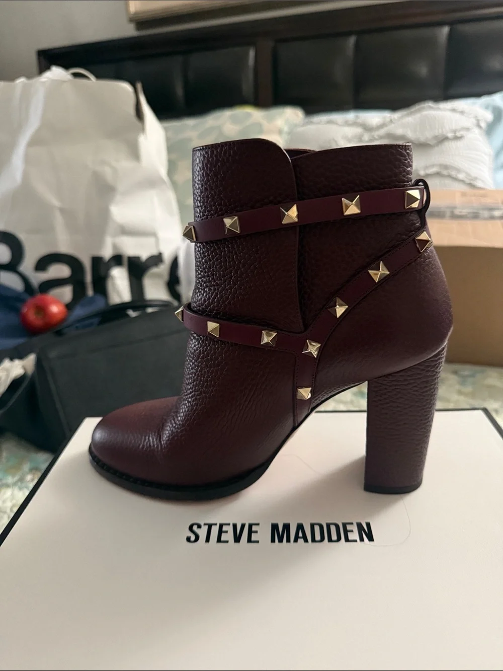 Valentino Garavani Wine Red Studded Leather Ankle Booties